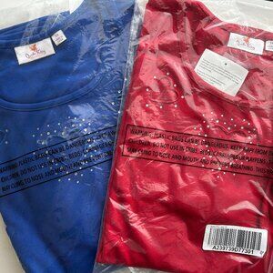 NWT Quacker Factory Red Heart Rhinestone 100% Lot of 2 Cotton Tops 3/4 Sleeve 2X